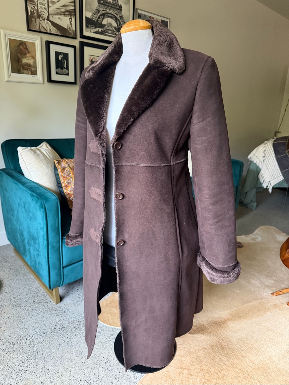 Larry Levine Brown Faux Shearling Long Pea Coat